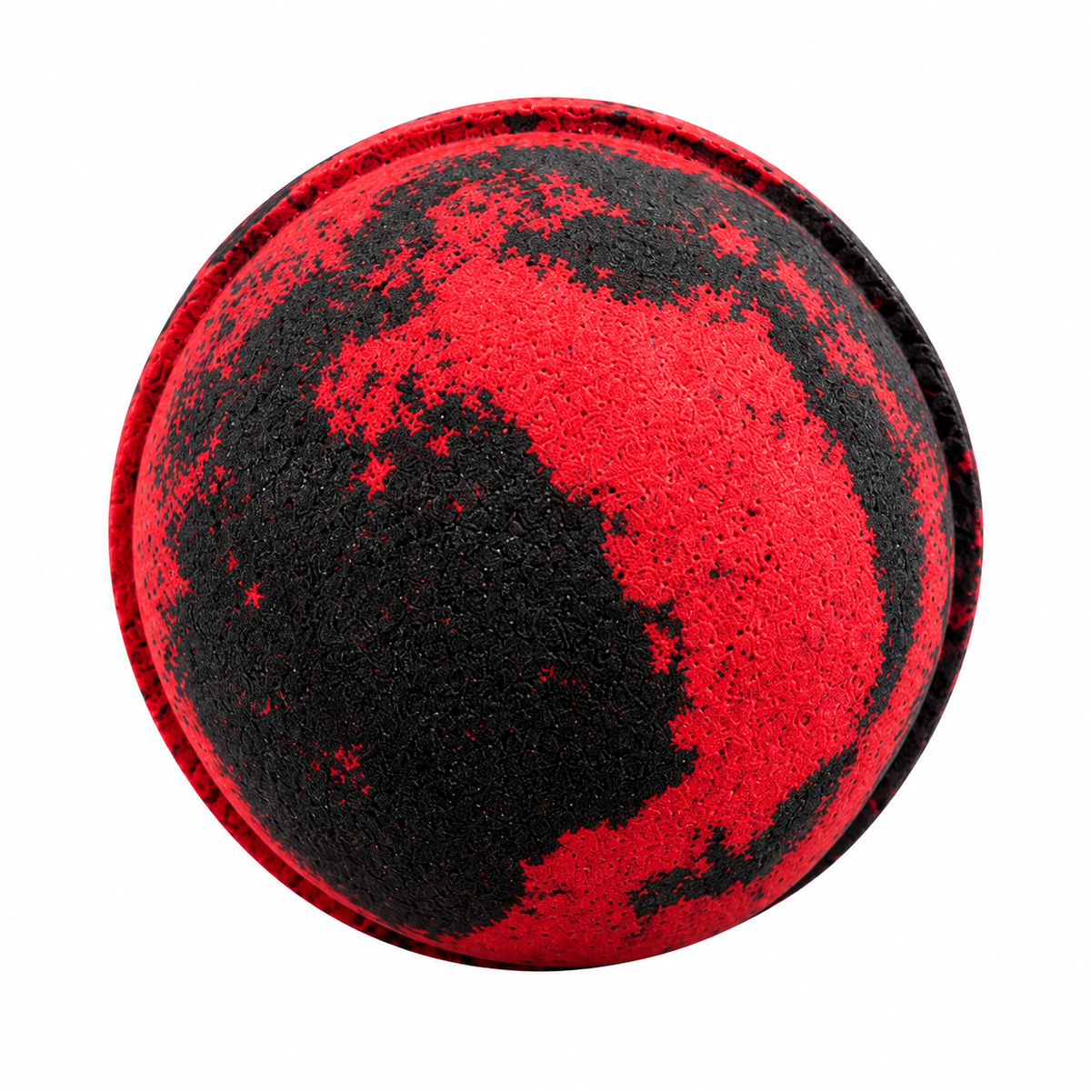 A round bath bomb with a red and black marbled pattern, (or an uncolored option is available), scented with citrus, amber, musk, and woody notes.