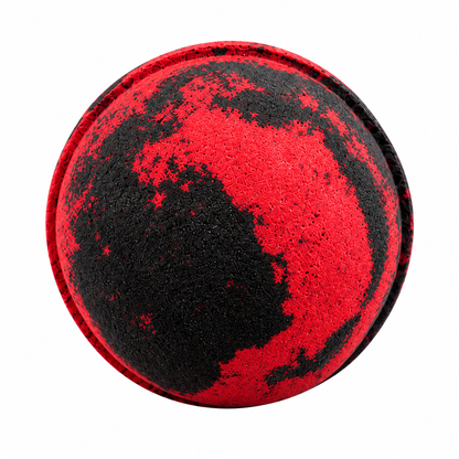 A round bath bomb with a red and black marbled pattern, (or an uncolored option is available), scented with citrus, amber, musk, and woody notes.