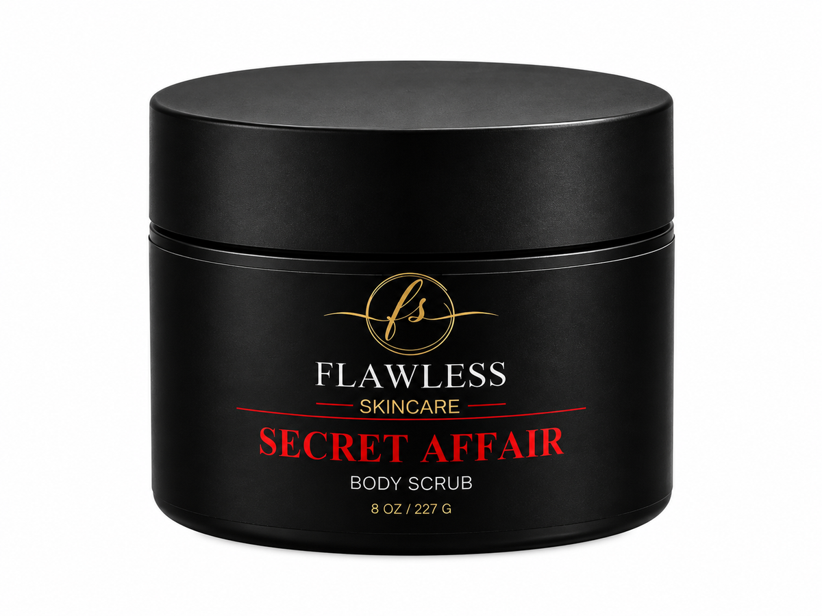 This is a black jar of man’s scented body scrub with musk, amber, citrus, and woody notes.