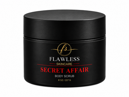 This is a black jar of man’s scented body scrub with musk, amber, citrus, and woody notes.
