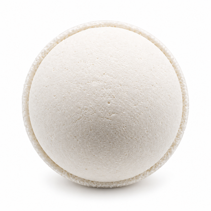 A round white bath bomb, no color or fragrance.
