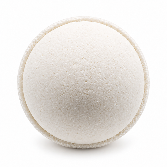 A round white bath bomb, no color or fragrance.