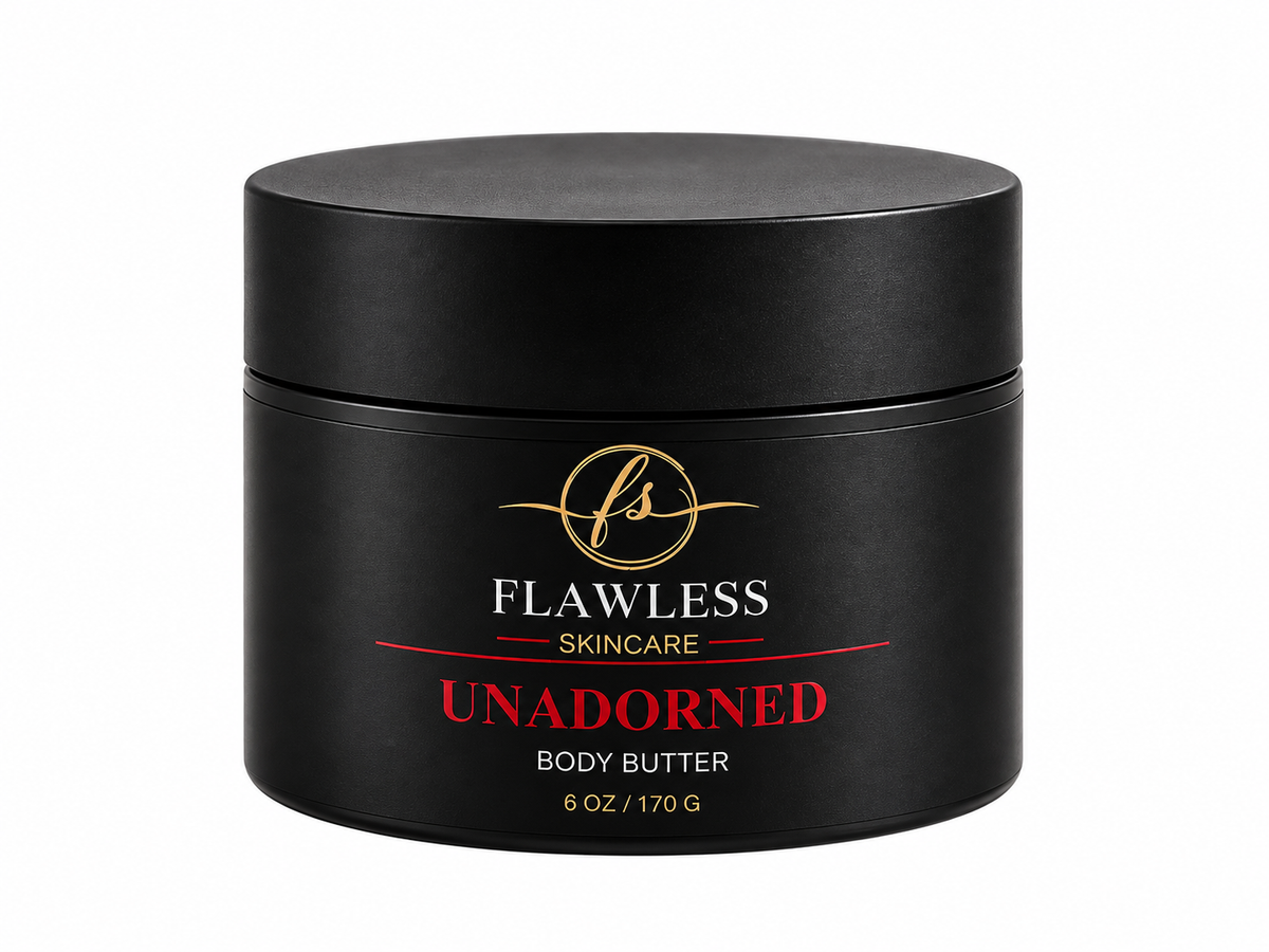 A black cosmetic jar of Flawless Skincare fragrance free Unadorned Body Butter, 6 oz / 170 g, on a solid white background.
