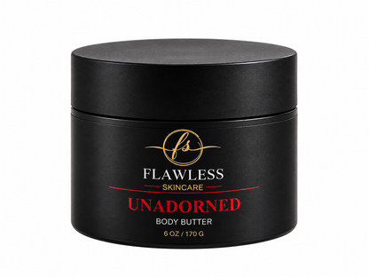 A black cosmetic jar of Flawless Skincare fragrance free Unadorned Body Butter, 6 oz / 170 g, on a solid white background.