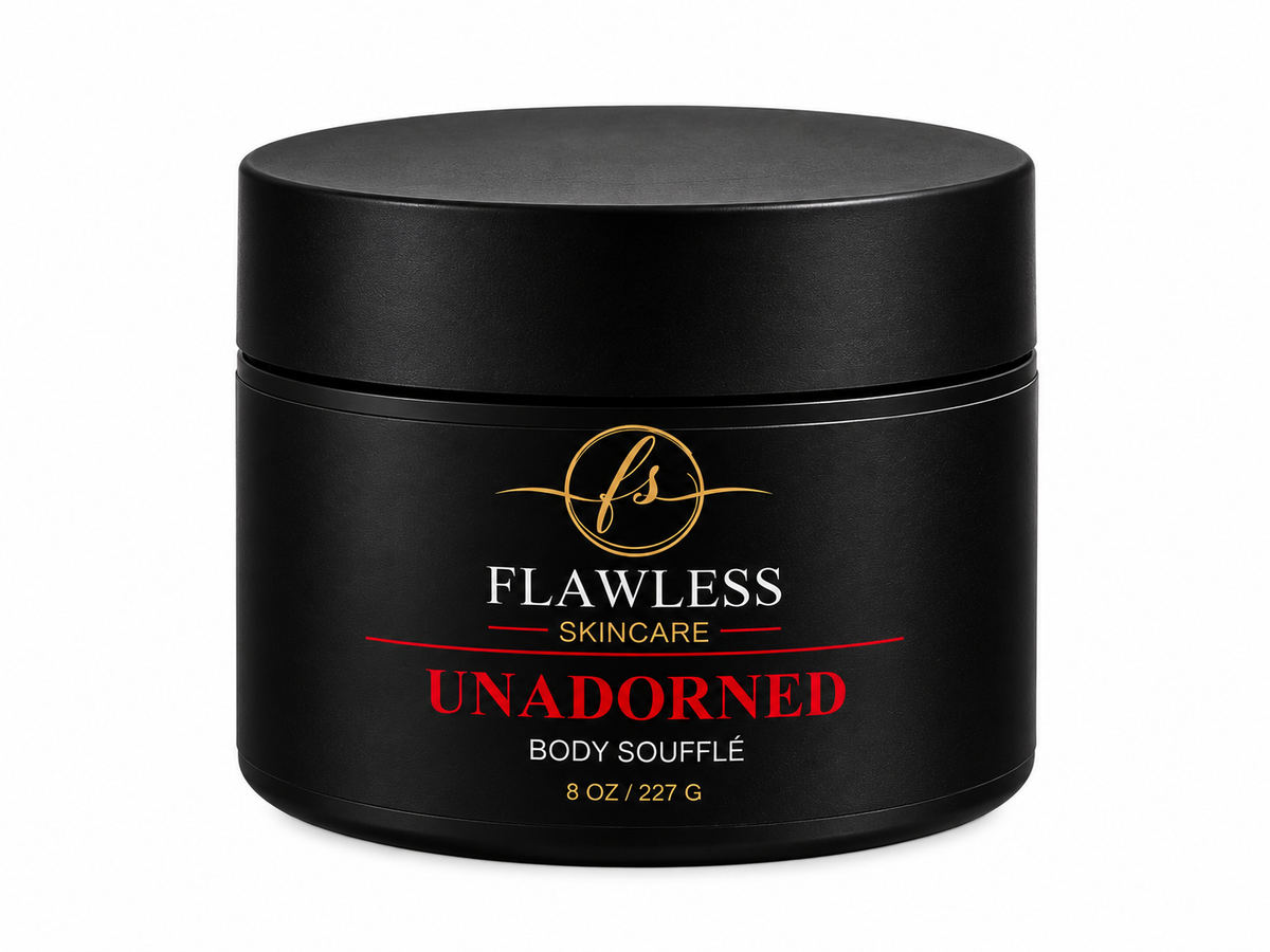 This is a black cosmetic jar of Flawless Skincare's fragrance free Unadorned Body Soufflé, 8 oz, on a clean white background.