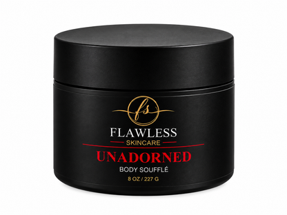 This is a black cosmetic jar of Flawless Skincare's fragrance free Unadorned Body Soufflé, 8 oz, on a clean white background.